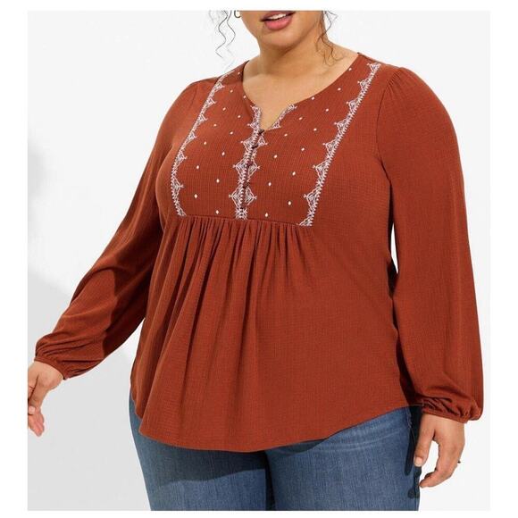 torrid Tops - Torrid Textured Jersey V-Neck Embroidered Yoke Long Sleeve Top Size 4X NWT